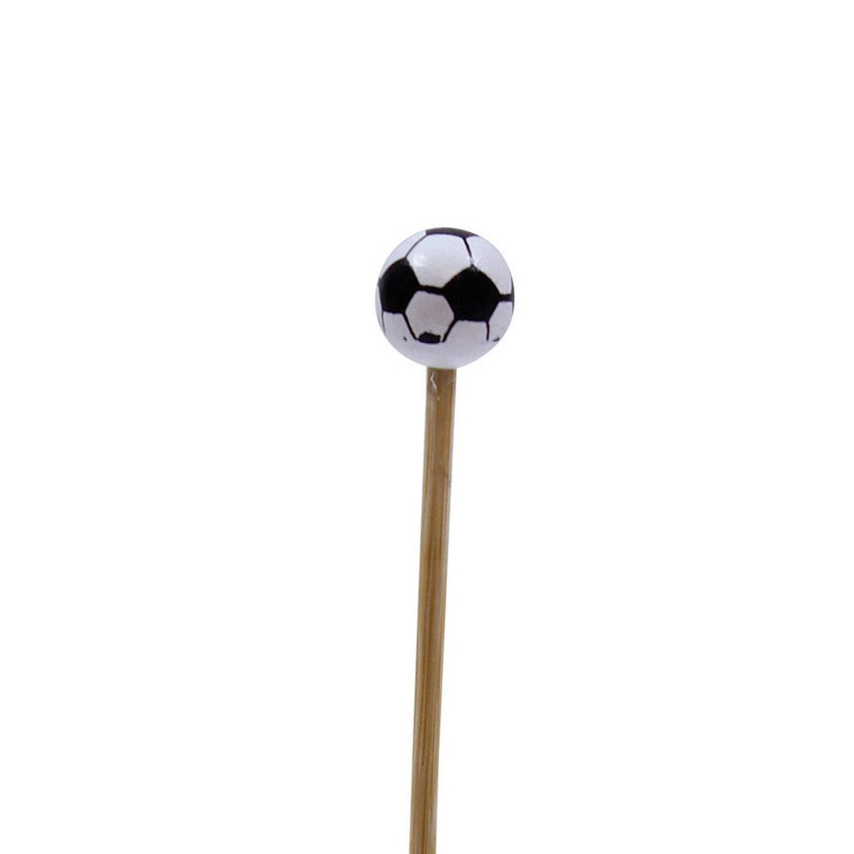 Close-up of soccer ball shaped top on a bamboo food pick