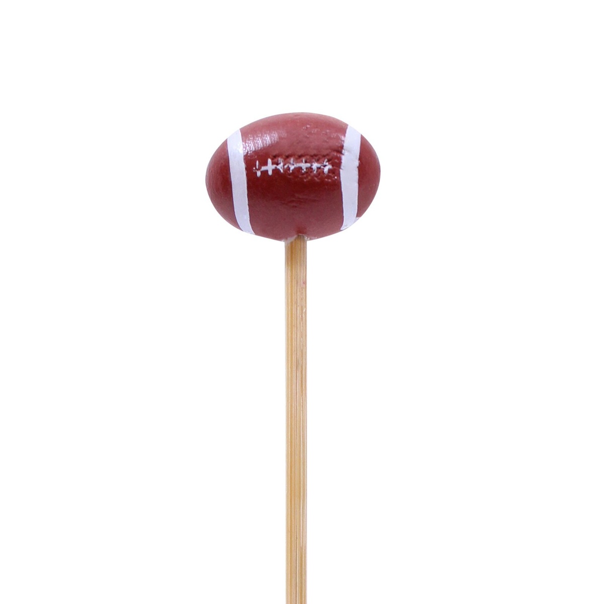 Single TableCraft BAMSP645 bamboo football pick showing the detailed football-shaped top in brown and white on a natural bamboo stick