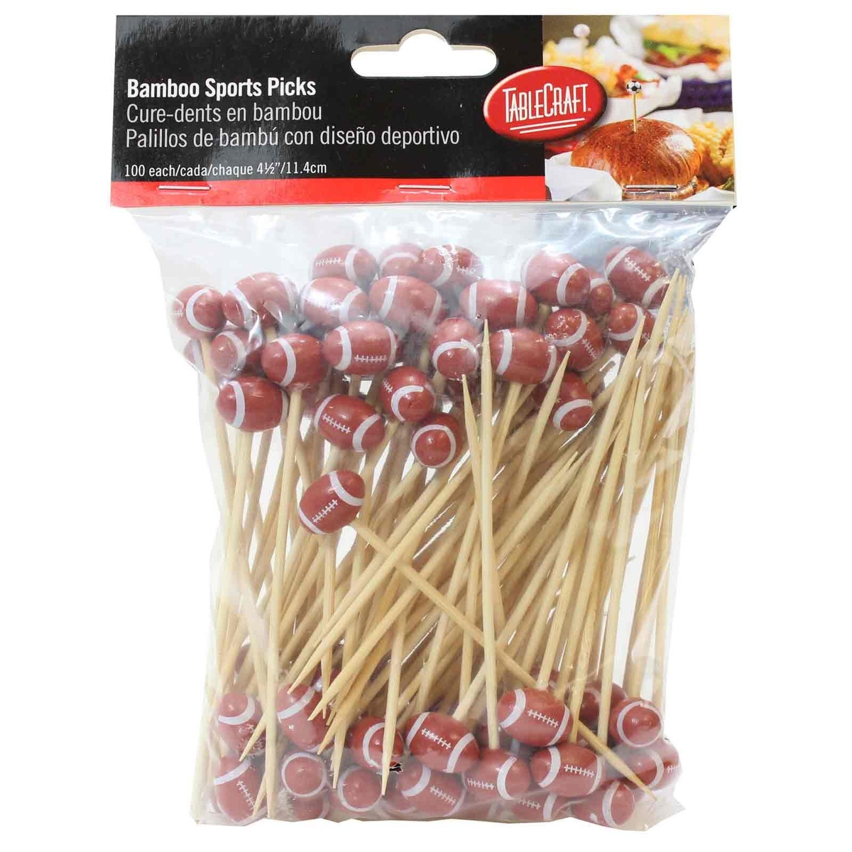 Retail packaging bag of TableCraft BAMSP645 Bamboo Sports Picks showing 100 football picks bundled inside a clear resealable bag with branded header card