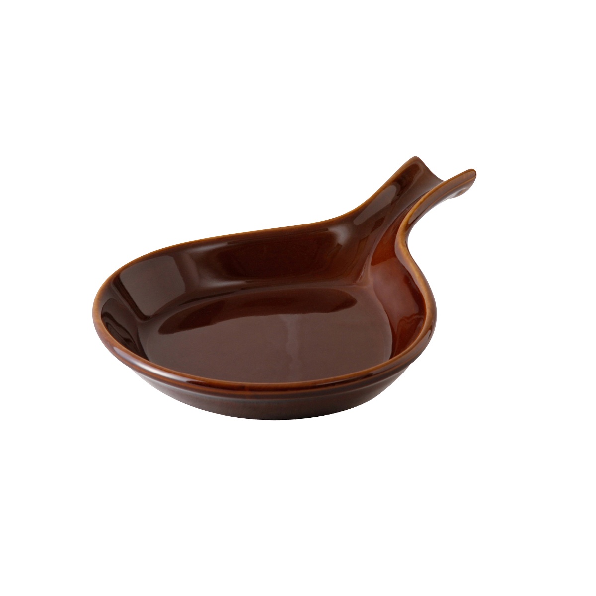 Tuxton China BAP-114 caramel glazed ceramic fry pan server with integrated handle, 18 oz., oblong shape