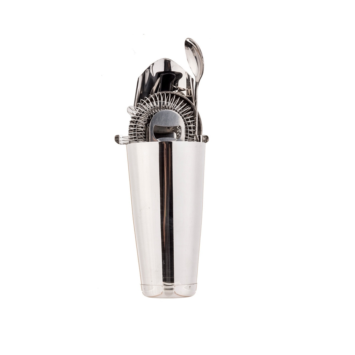 TableCraft BARKIT1 cocktail tools neatly stored inside the 28 oz stainless steel shaker cup, compact and organized