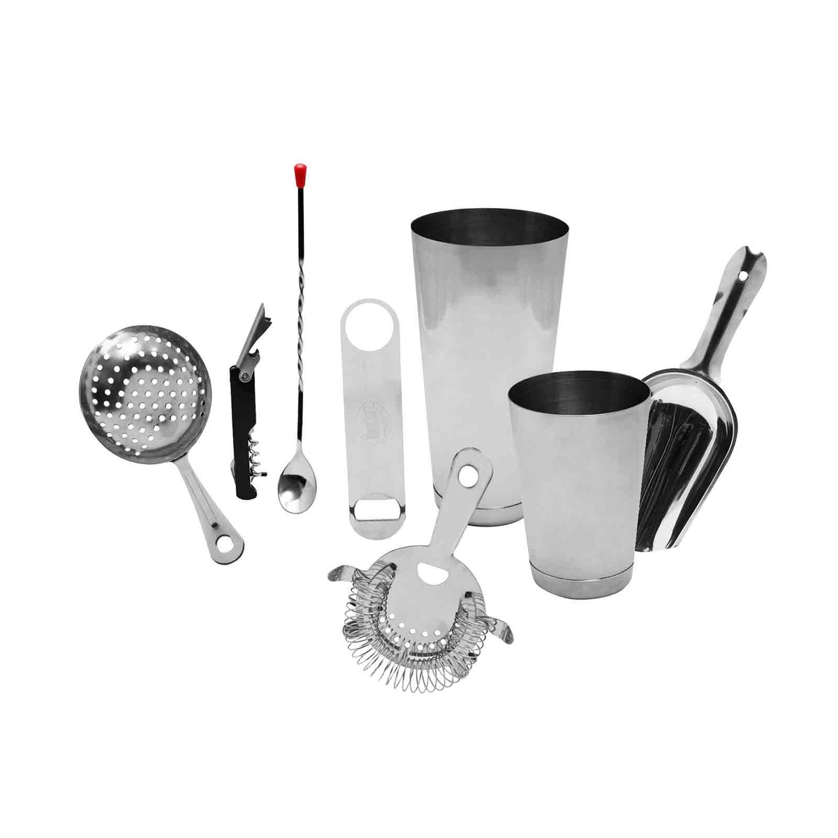TableCraft BARKIT1 8-piece stainless steel cocktail kit with all tools spread out on white background