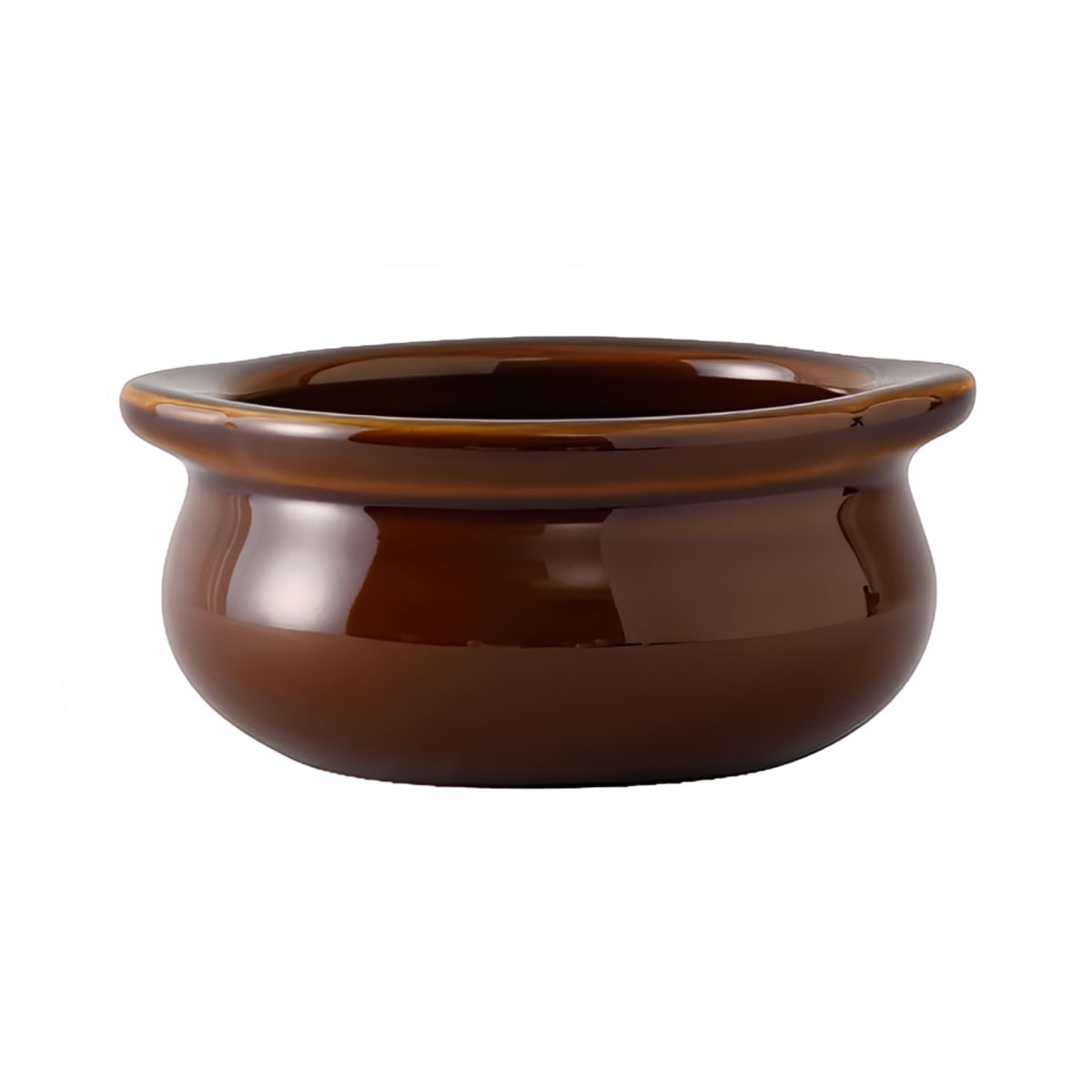 Tuxton BAS-1003 10 oz caramel ceramic onion soup crock with molded side handles and glossy brown glaze
