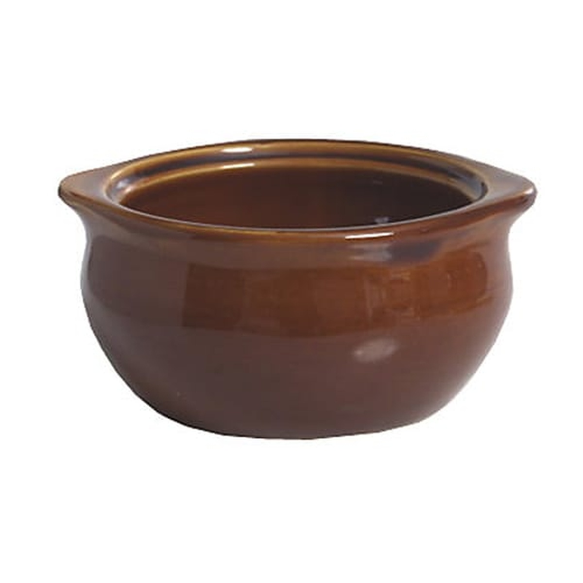 Tuxton BAS-1203 12 oz. caramel onion soup crock with side handles and glossy brown glaze
