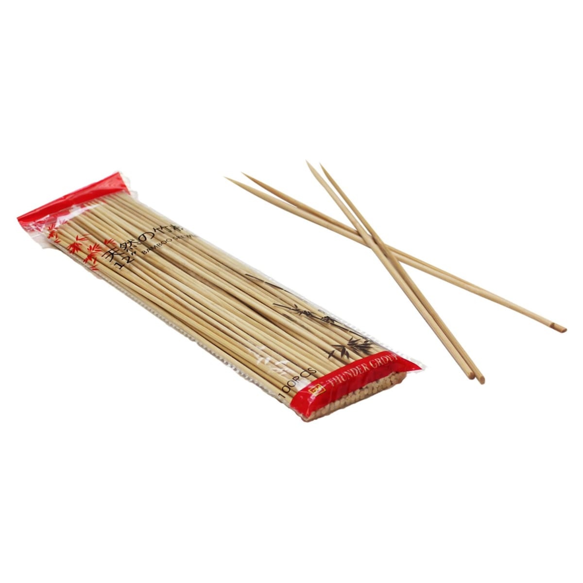 Thunder Group BAST012 12-inch bamboo skewers shown in sealed bag alongside two individual skewers displaying smooth-pointed tips