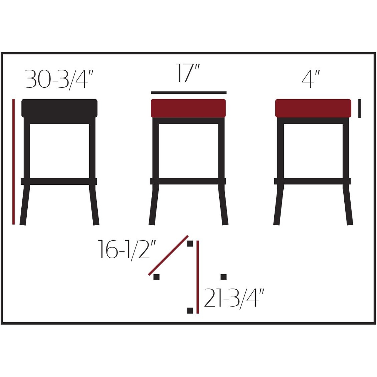 BB-288-CCS barstool dimensional diagram showing 30-3/4 inch height, 17 inch seat width, and 4 inch seat thickness