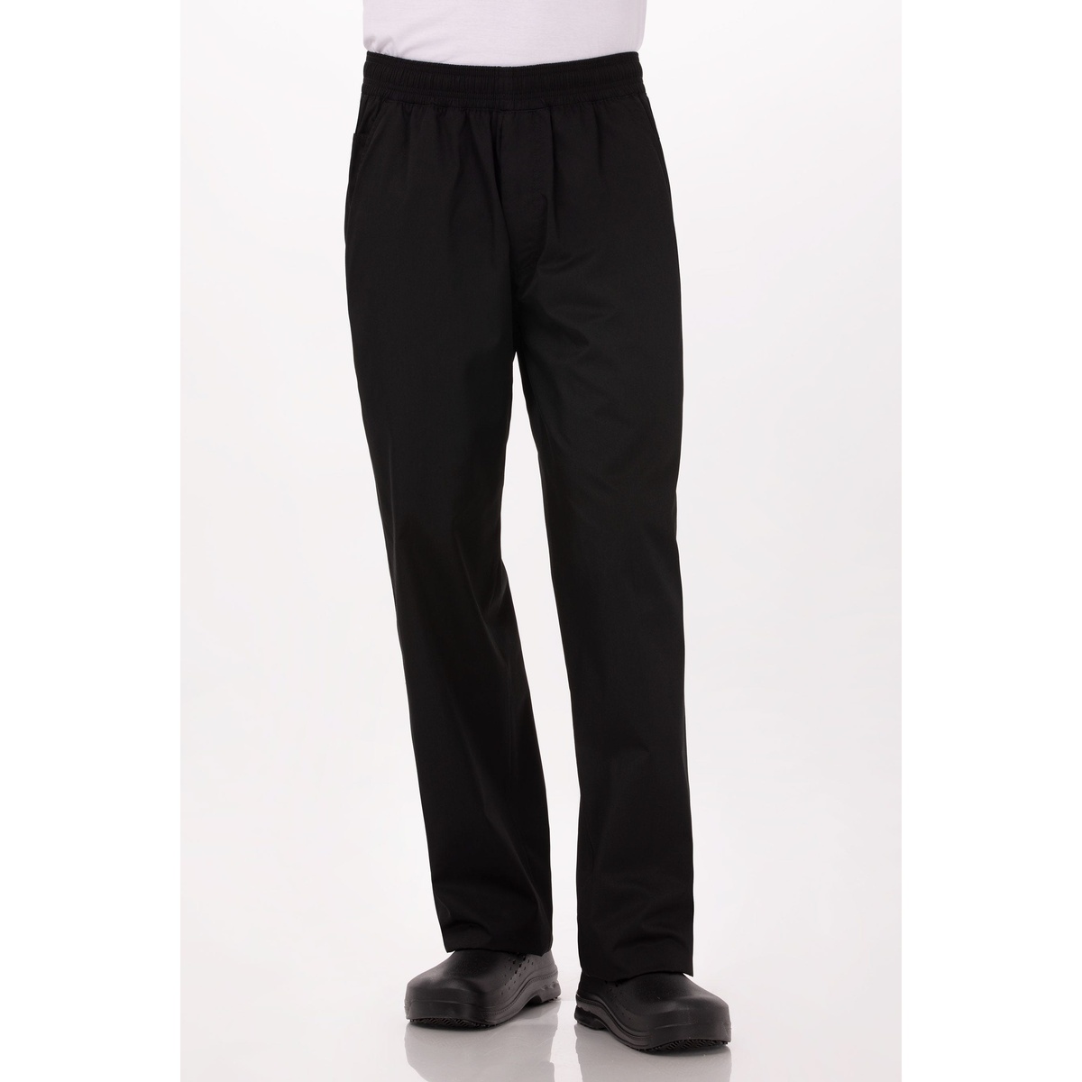Front view of Chef Works Lightweight Baggy Pants in black on a model