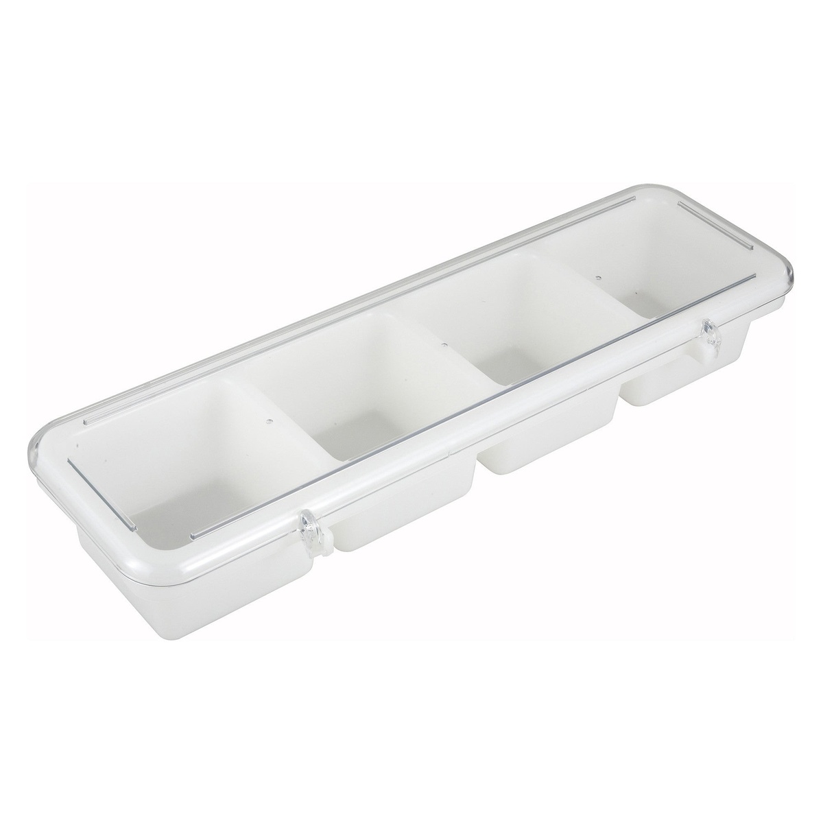 Winco BC-4P white 4-compartment bar condiment tray with clear hinged lid, showing removable poly inserts