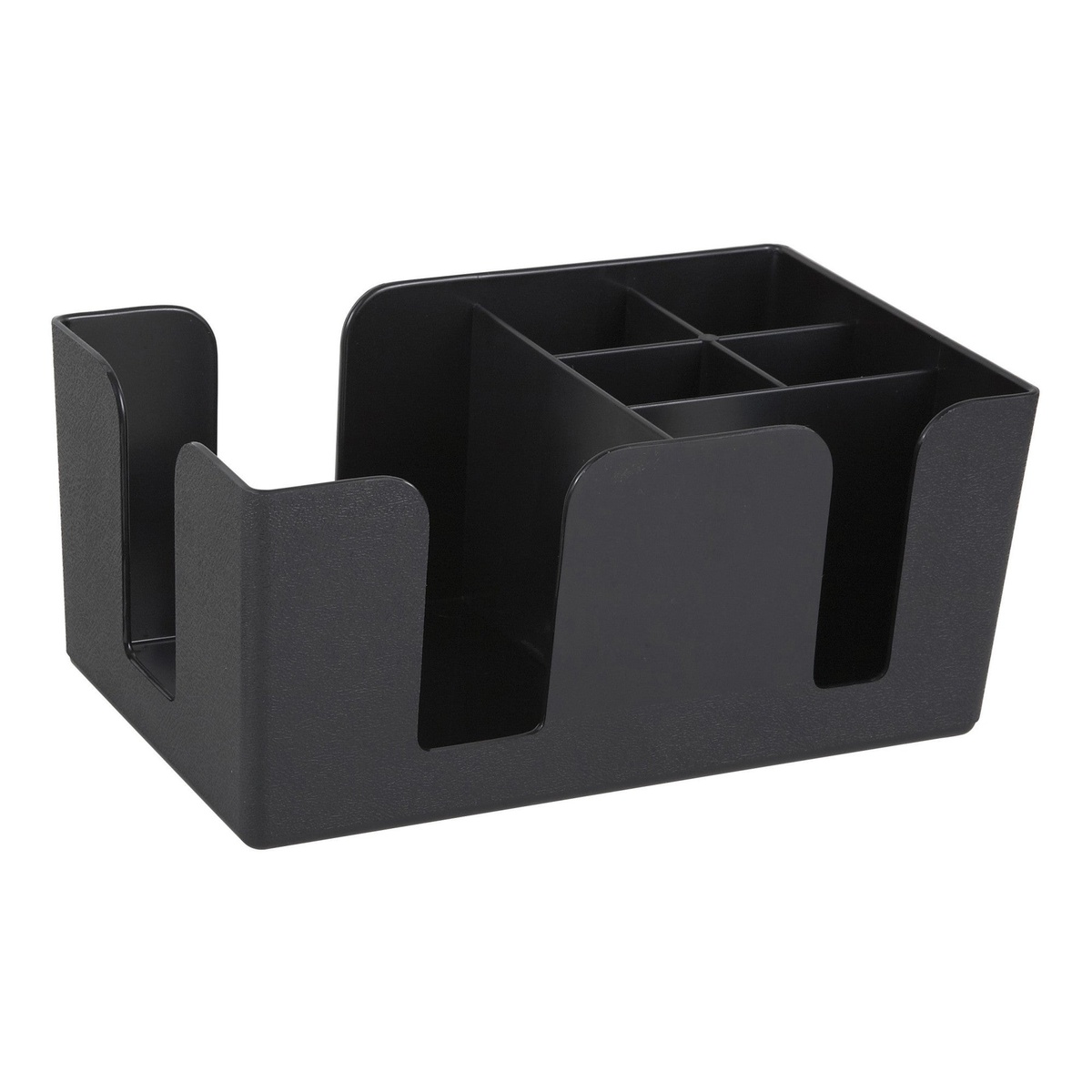 Winco BC-6 black plastic bar caddy with 6 compartments and napkin holder section, shown on white background