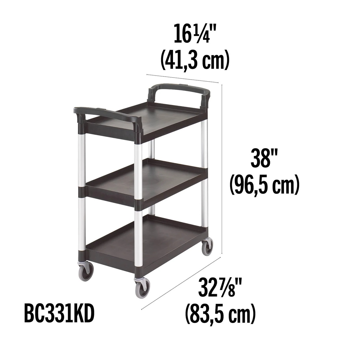 BC331KD cart dimension diagram showing 32 7/8 inch length, 16 1/4 inch depth, and 38 inch height
