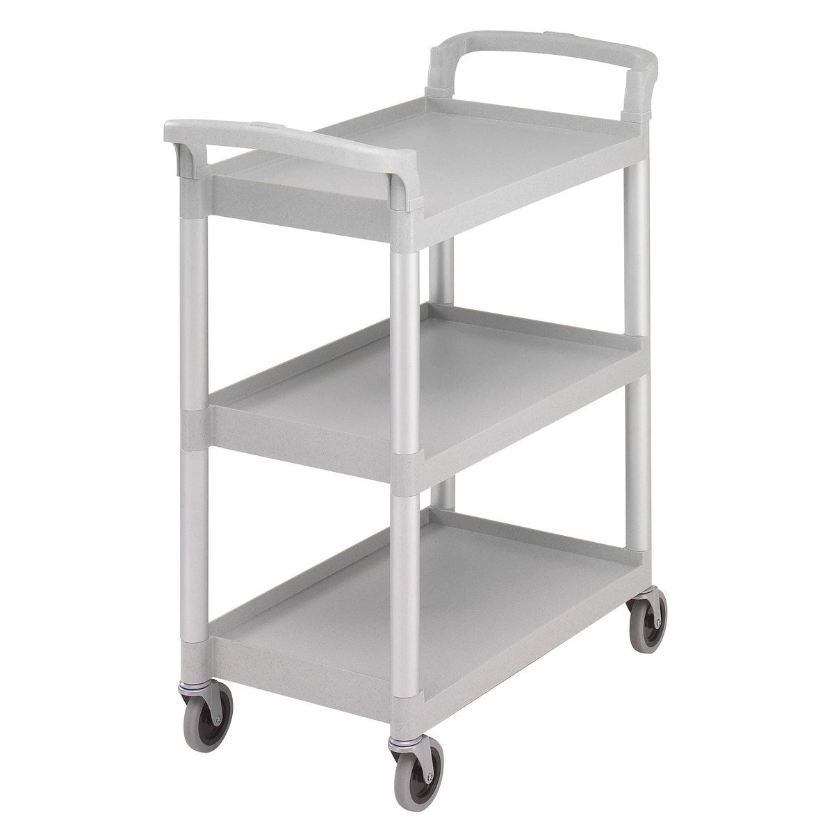 Cambro KD small service utility cart with three shelves and four swivel casters shown in speckled gray