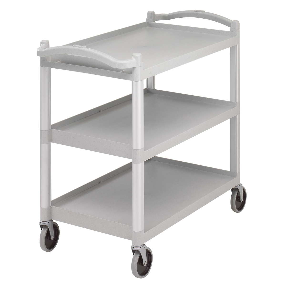 Cambro BC340KD110 three-shelf utility cart in black with aluminum uprights and swivel casters