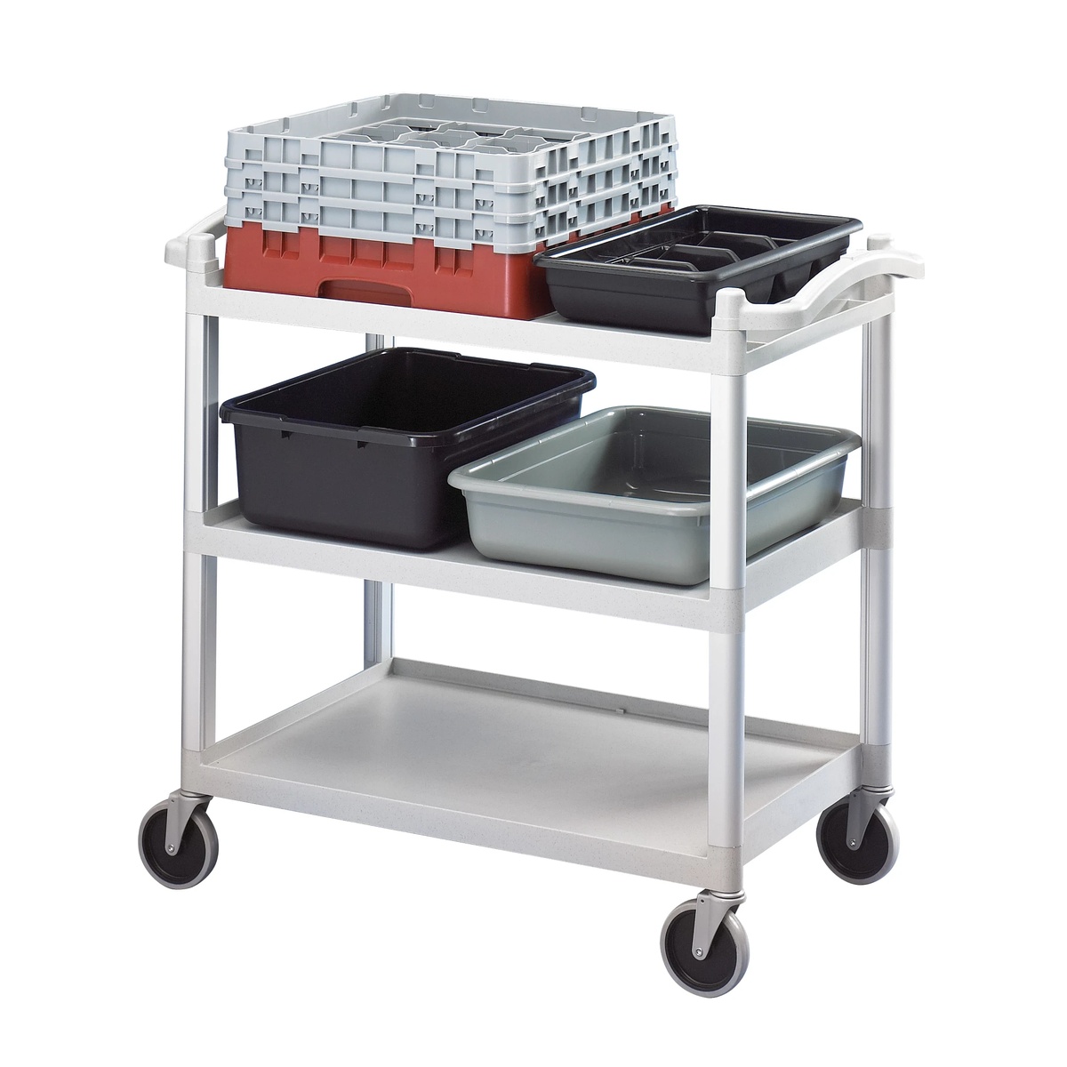 Cambro utility cart loaded with glassware racks and bus boxes across three shelves