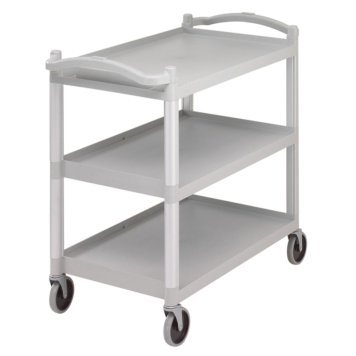 Cambro BC340KD480 speckled gray 3-shelf knockdown utility cart with aluminum uprights and 5-inch swivel casters