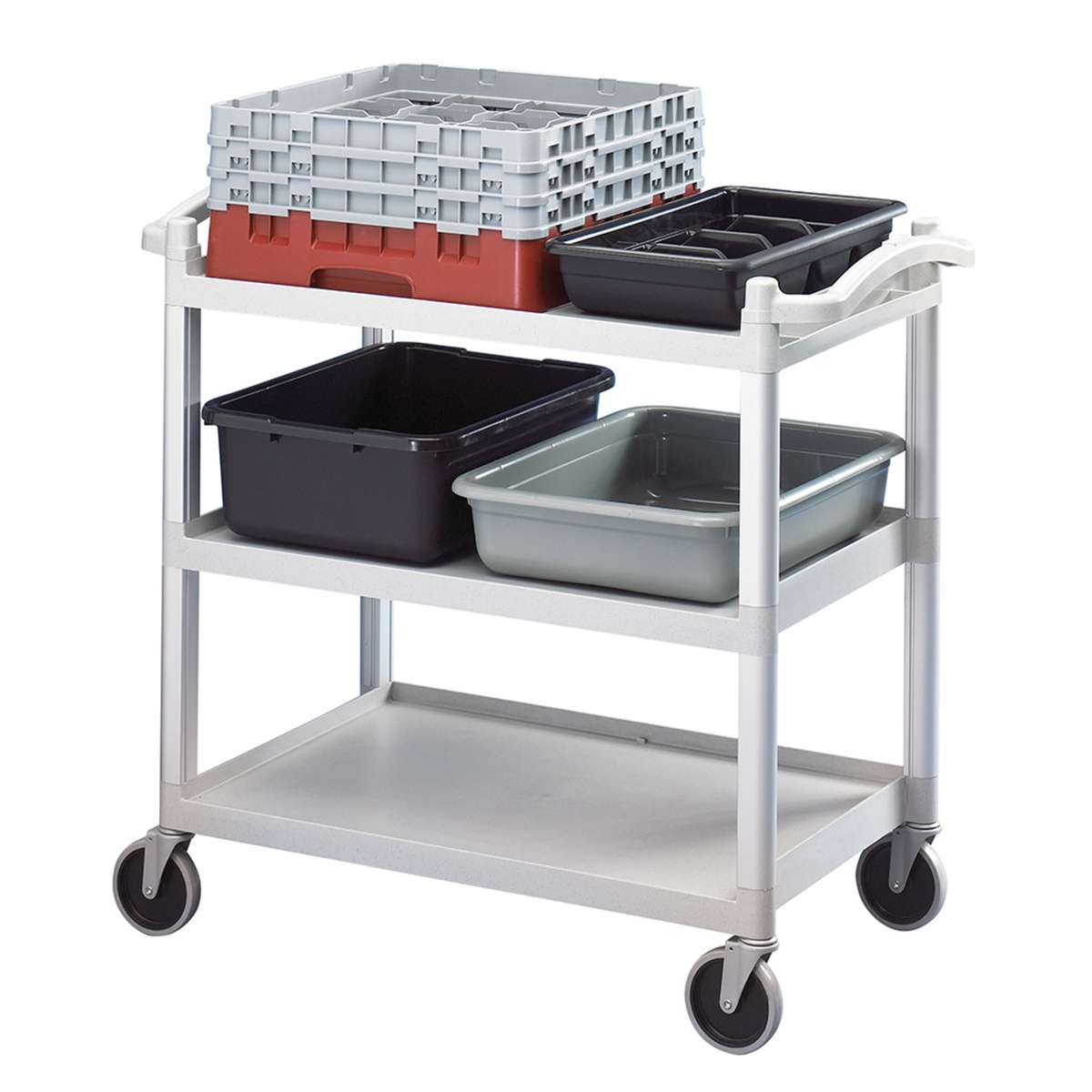 Cambro BC340KD480 utility cart loaded with bus boxes and dish racks demonstrating shelf capacity