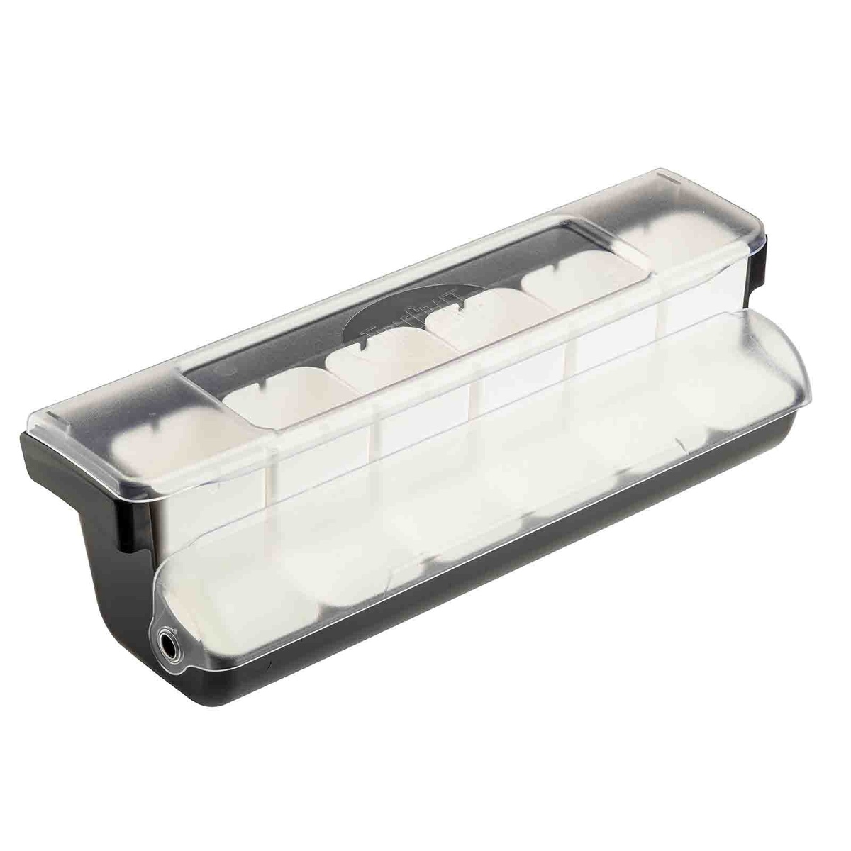 TableCraft BCD6000 First In First Out Garnish Station with clear hinged lid and six white inserts, black ABS body