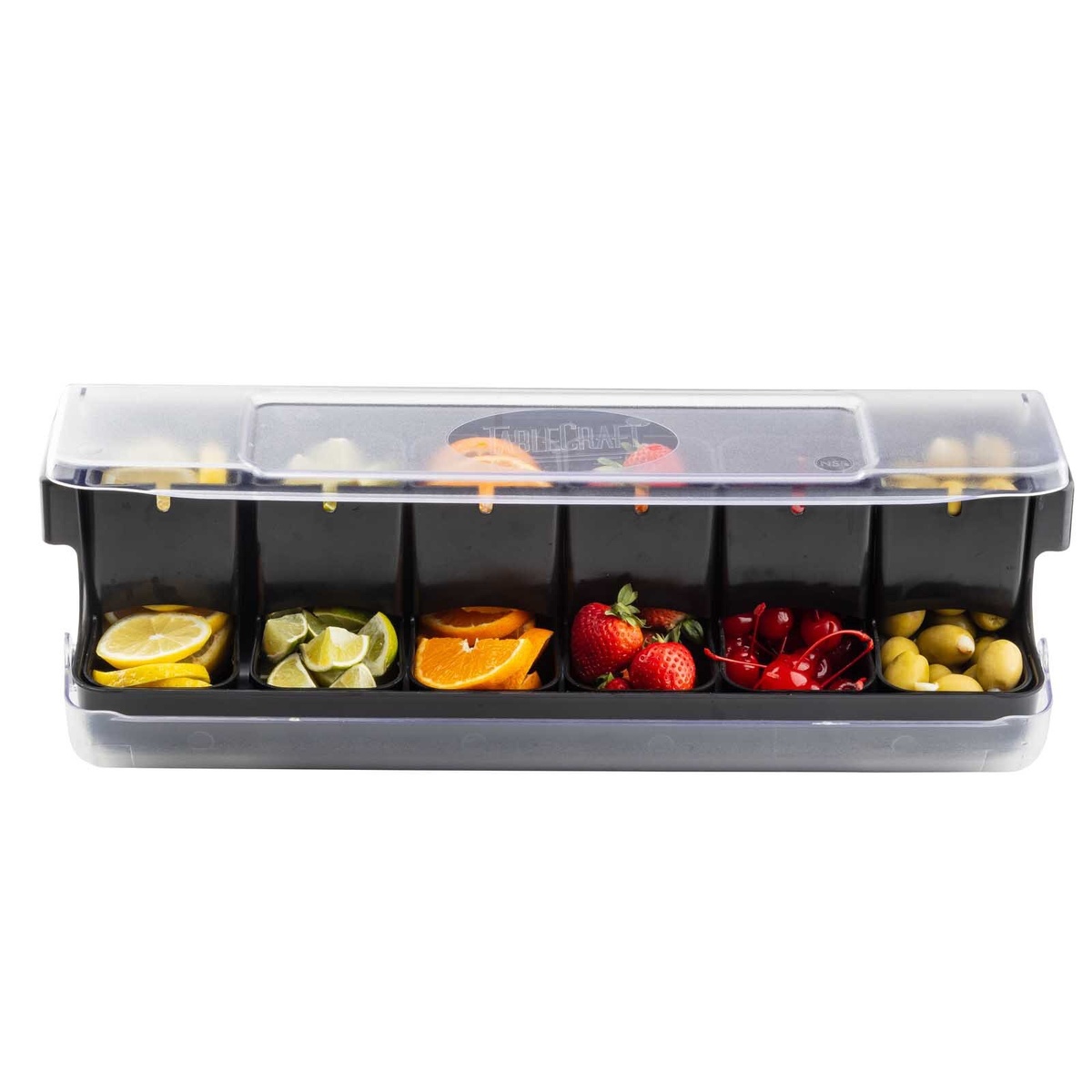 TableCraft BCD6000BK garnish station front view filled with lemons, limes, orange slices, strawberries, cherries, and olives in six black inserts