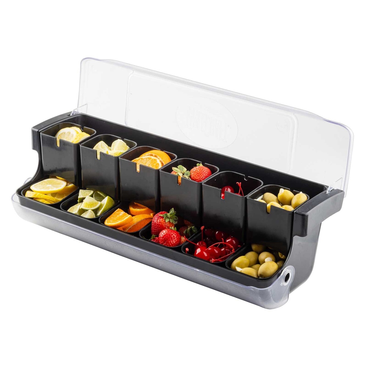 TableCraft BCD6000BK garnish station with clear lid propped fully open, six compartments loaded with assorted cocktail garnishes including lemons, limes, oranges, strawberries, cherries, and olives