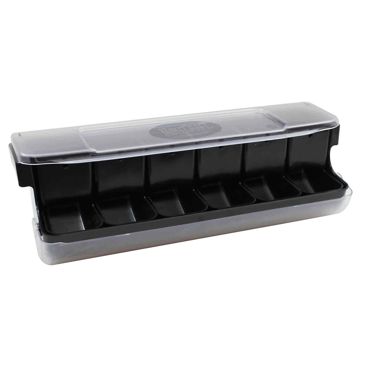 TableCraft BCD6000BK black garnish station with clear roll-top lid, six compartment inserts visible, closed position
