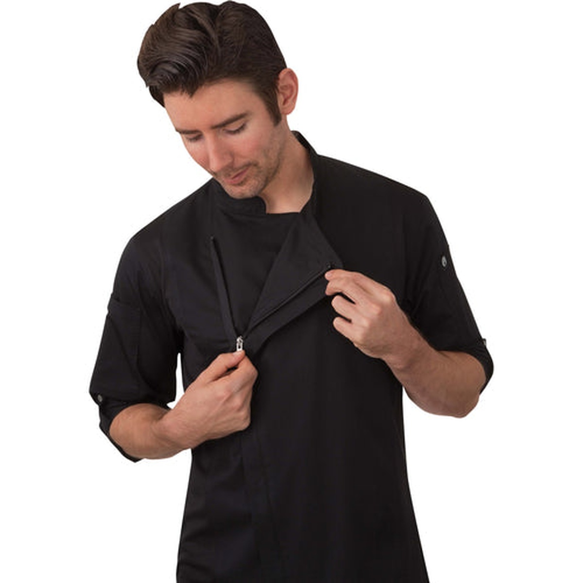 Chef Works Hartford Chef Coat in black showing 2-way separating zipper detail
