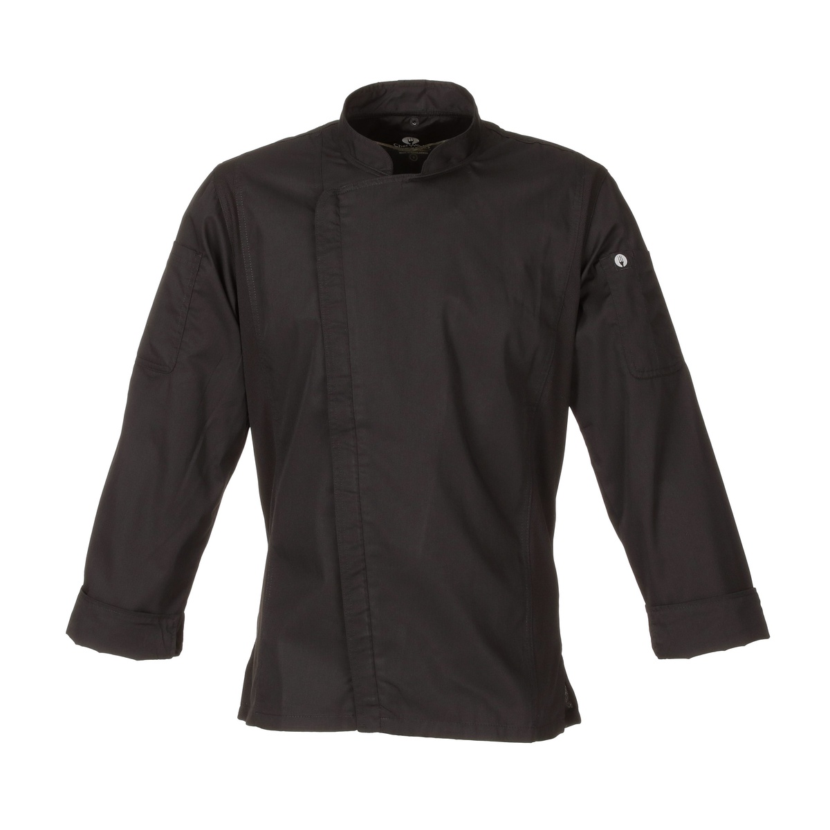 Chef Works Hartford Chef Coat in black, front view showing single-breasted zipper closure and roll-up sleeve tab