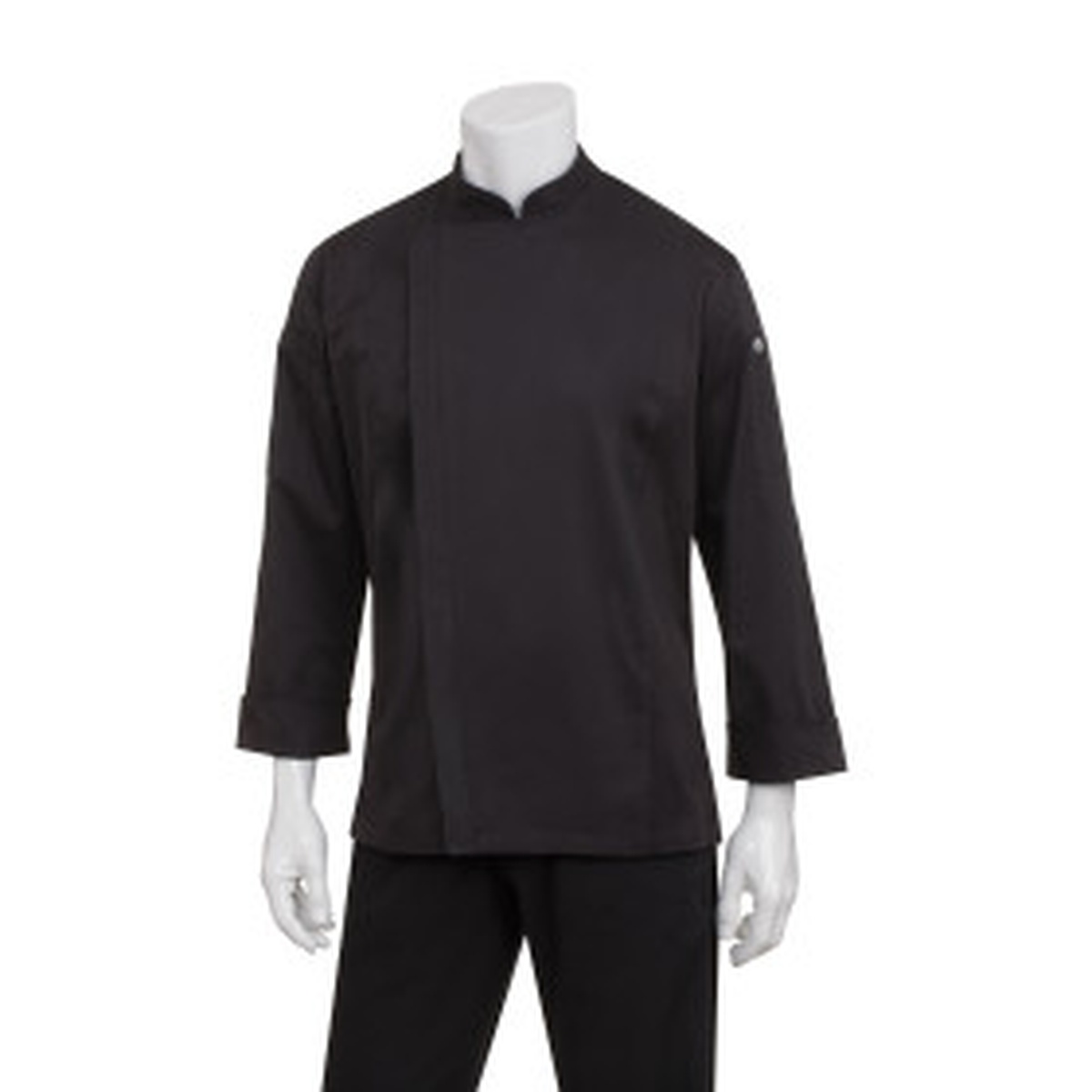 Chef Works Hartford Men's Black Chef Coat on mannequin showing zipper front, roll-up sleeves, and side vent detail
