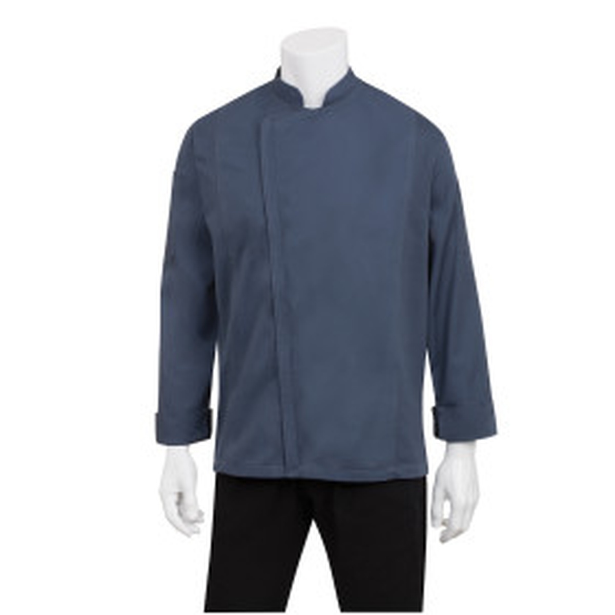 Chef Works Hartford Chef Coat in blue, single-breasted with two-way separating zipper and roll-up long sleeves
