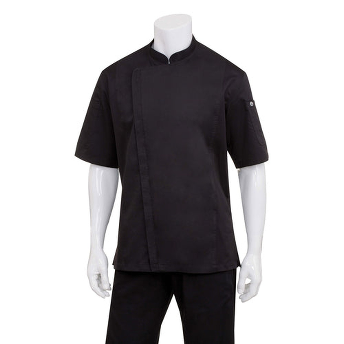 Chef Works Springfield black short-sleeve single-breasted chef coat shown on a mannequin, front view