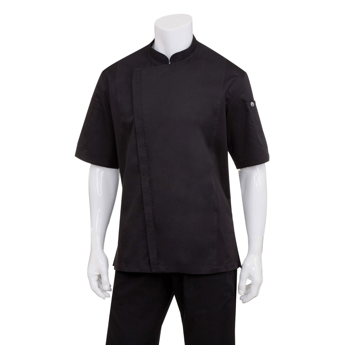 Chef Works Springfield short sleeve single-breasted black chef coat displayed on a mannequin, front view showing zipper closure and sleeve pockets