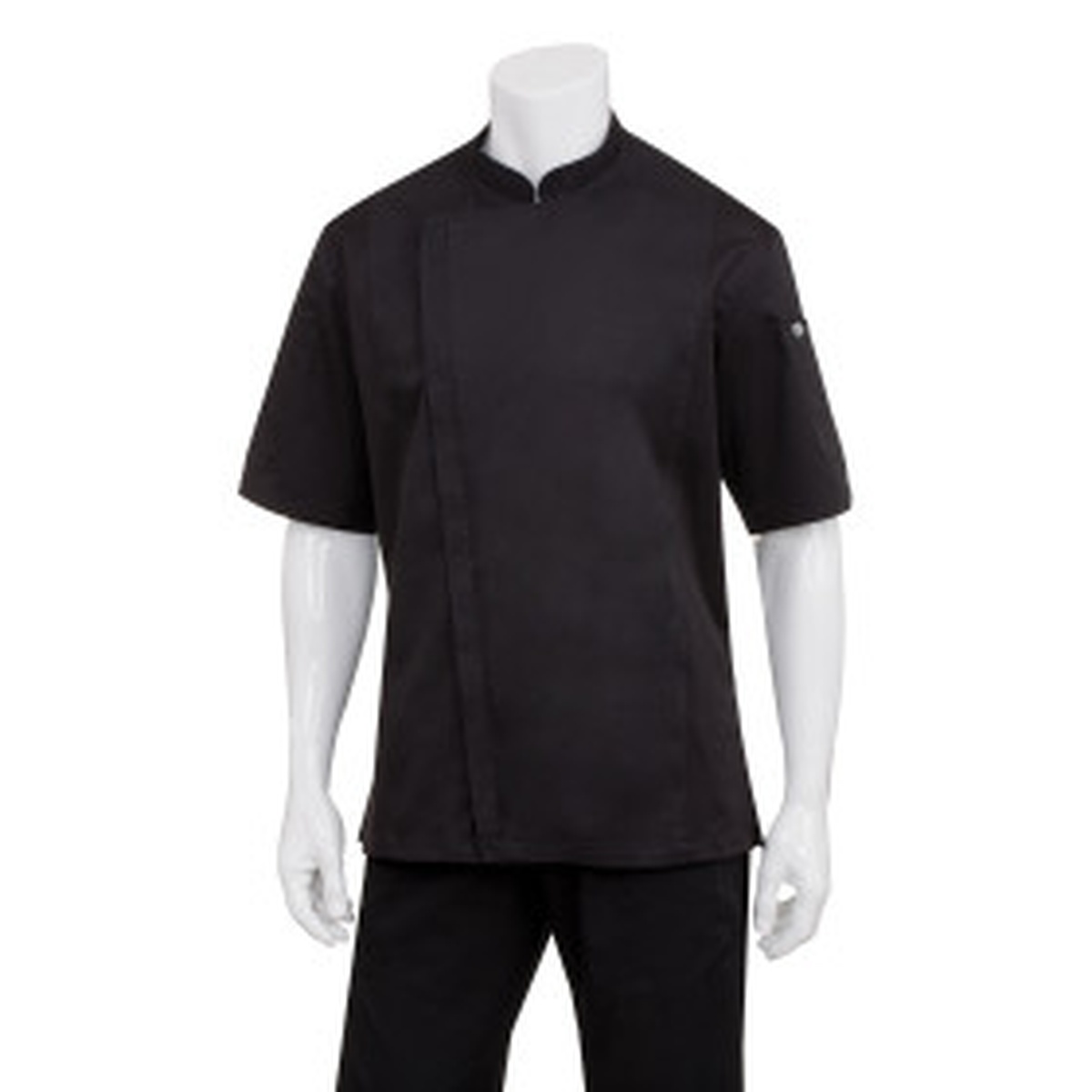 Chef Works Springfield black short-sleeve chef coat on mannequin, front view