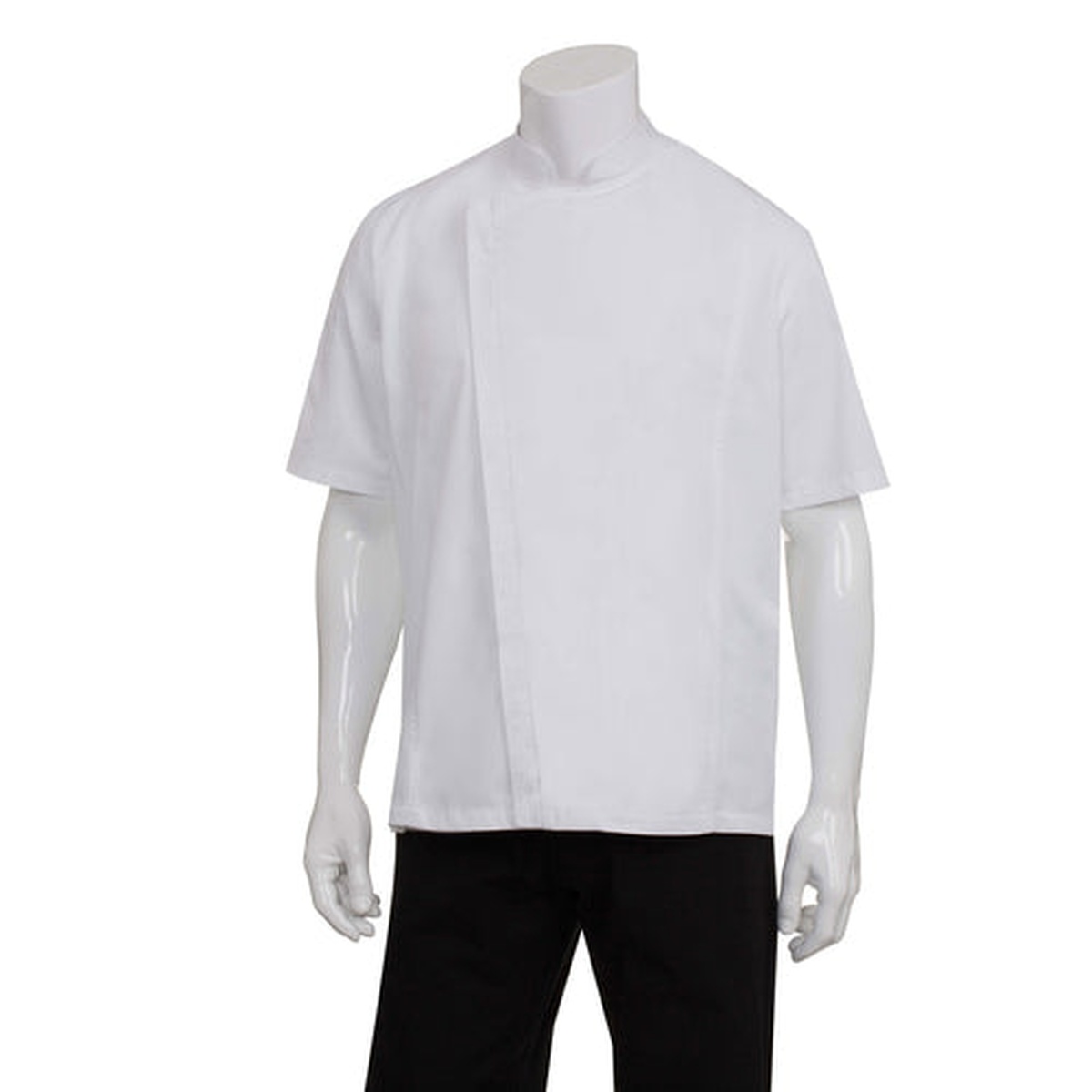 Chef Works Springfield white single-breasted short-sleeve chef coat displayed on mannequin