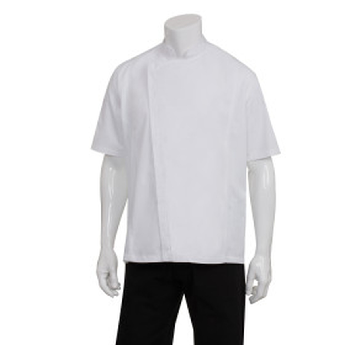 Chef Works Springfield white short-sleeve chef coat with 2-way separating zipper