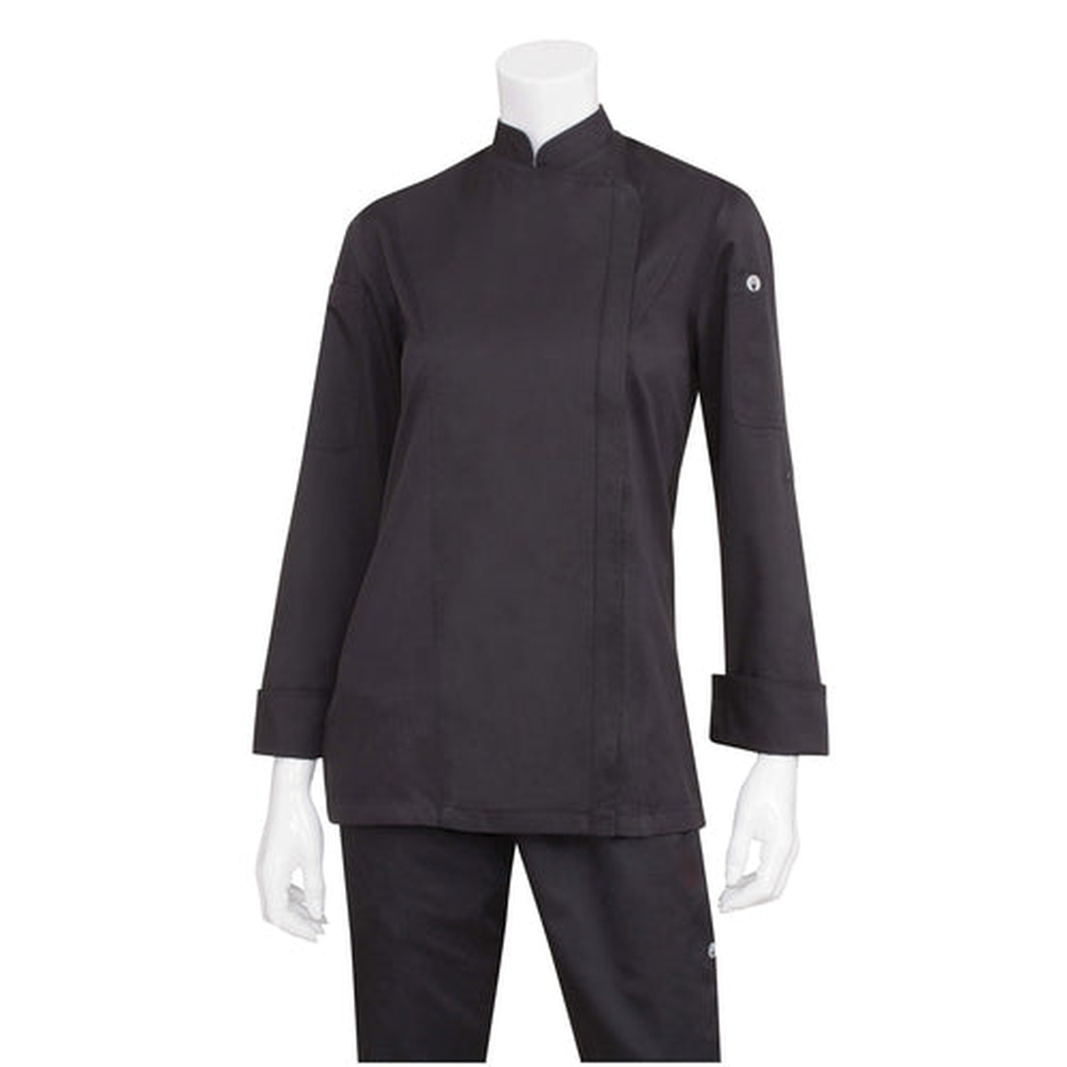Chef Works Hartford Women's Single-Breasted Black Chef Coat on mannequin, showing front zipper, roll-up sleeve tab, and slim fit silhouette