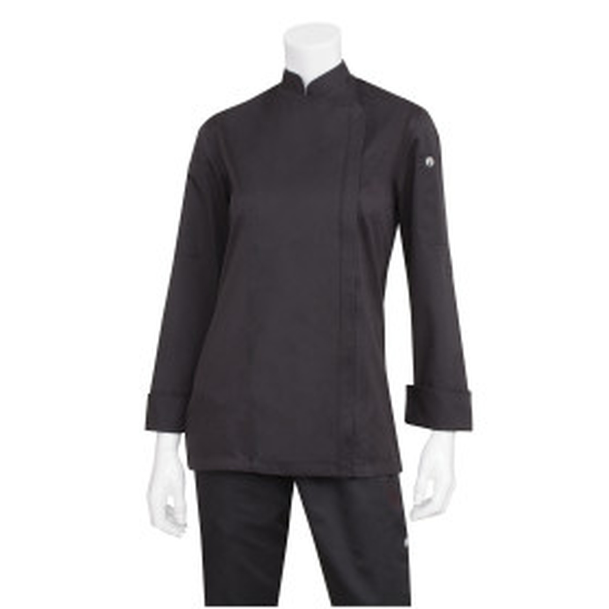 Chef Works Hartford Women's Black Chef Coat displayed on mannequin, showing long sleeves and slim fit silhouette