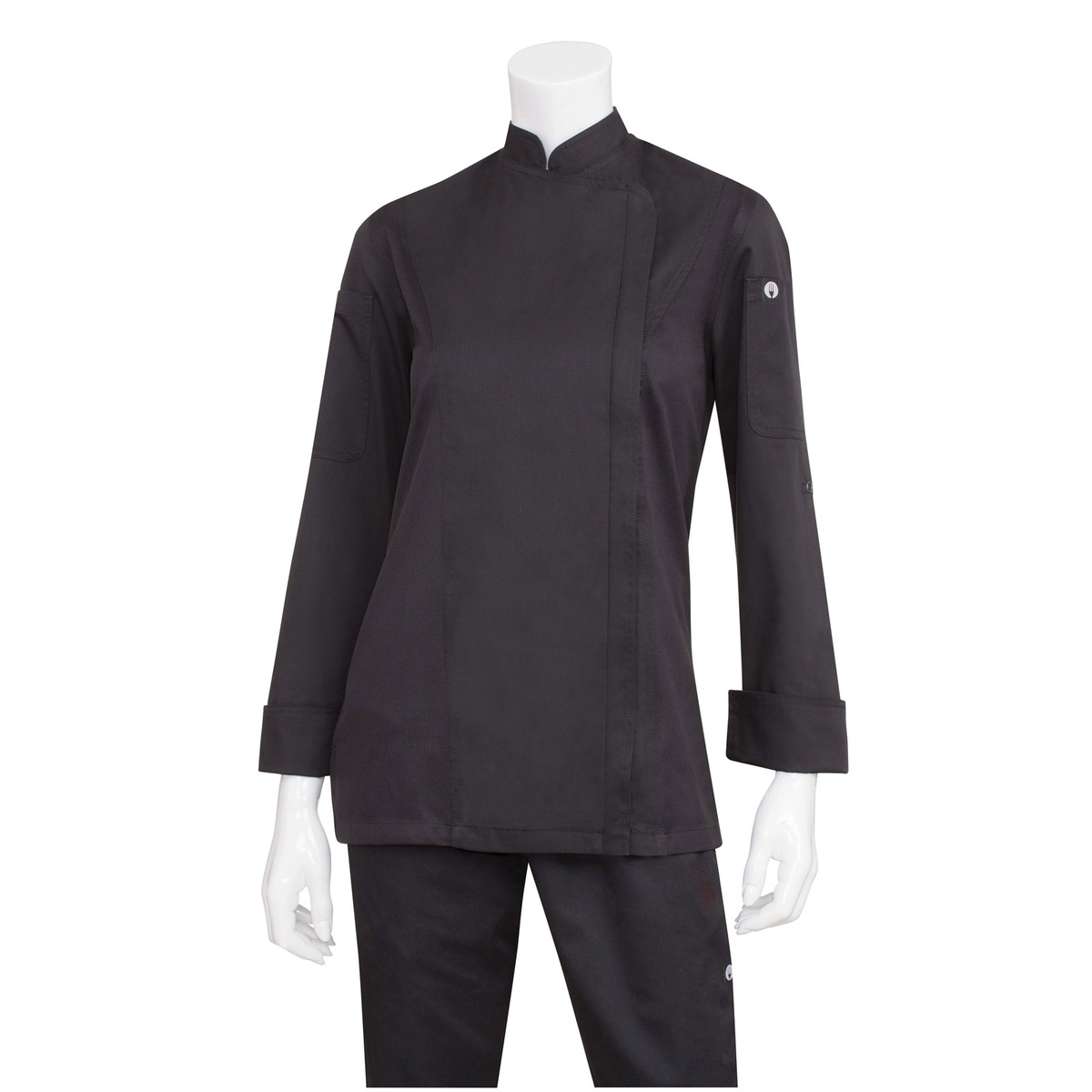 Chef Works Hartford Women's Black Chef Coat on mannequin, showing slim fit silhouette, roll-up sleeves, and sleeve pockets