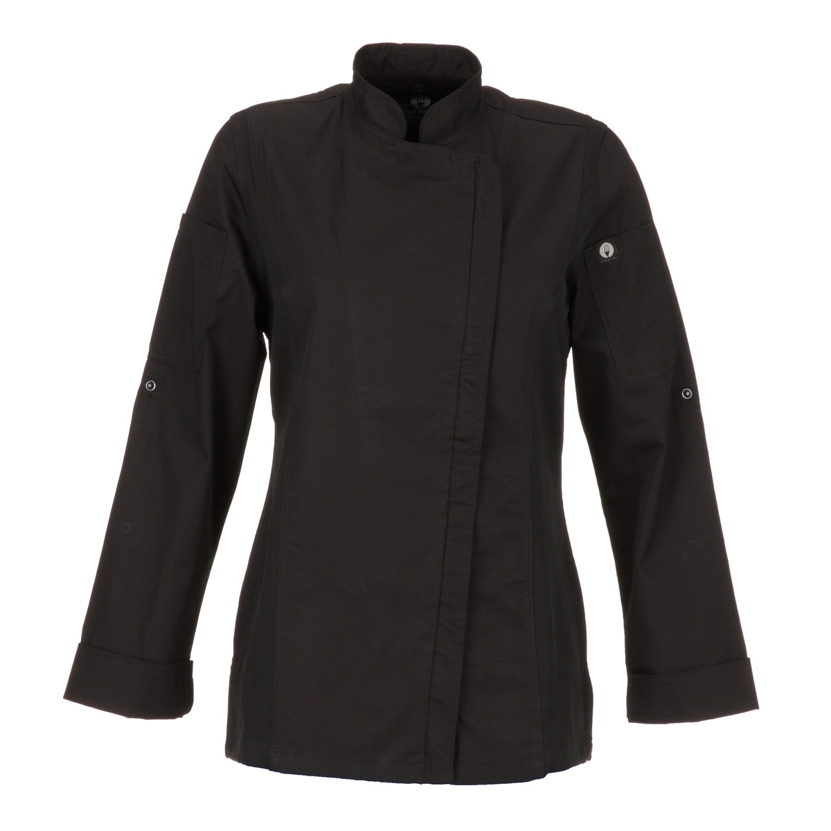 Chef Works Hartford Women's Chef Coat front view showing zipper closure, sleeve pockets, and slim fit silhouette