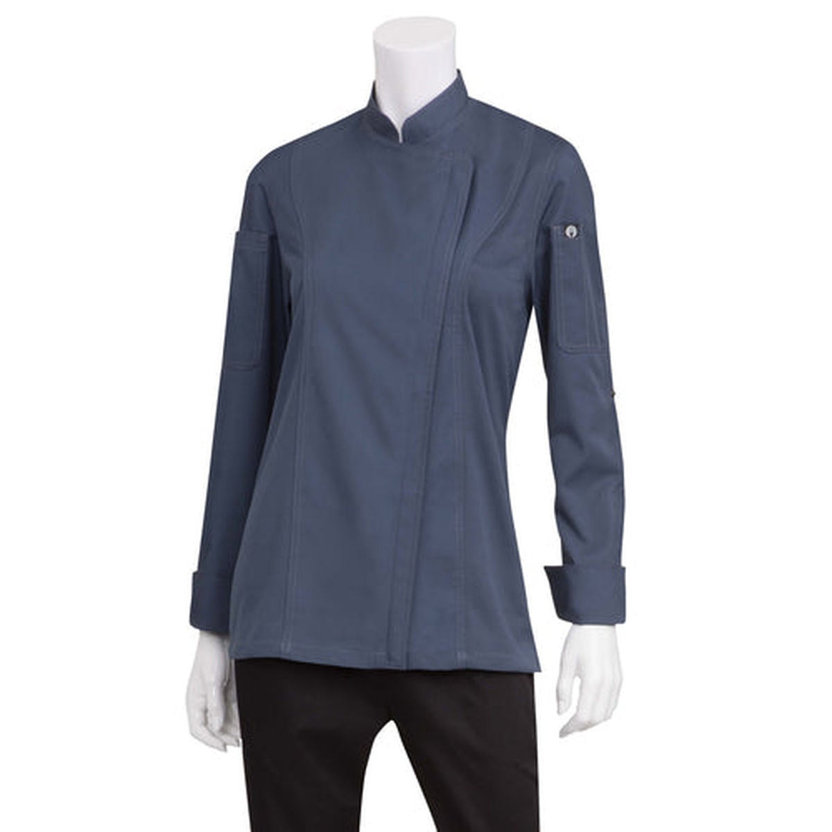 Chef Works Hartford Women's Chef Coat in slate blue with single-breasted zipper closure and roll-up sleeves