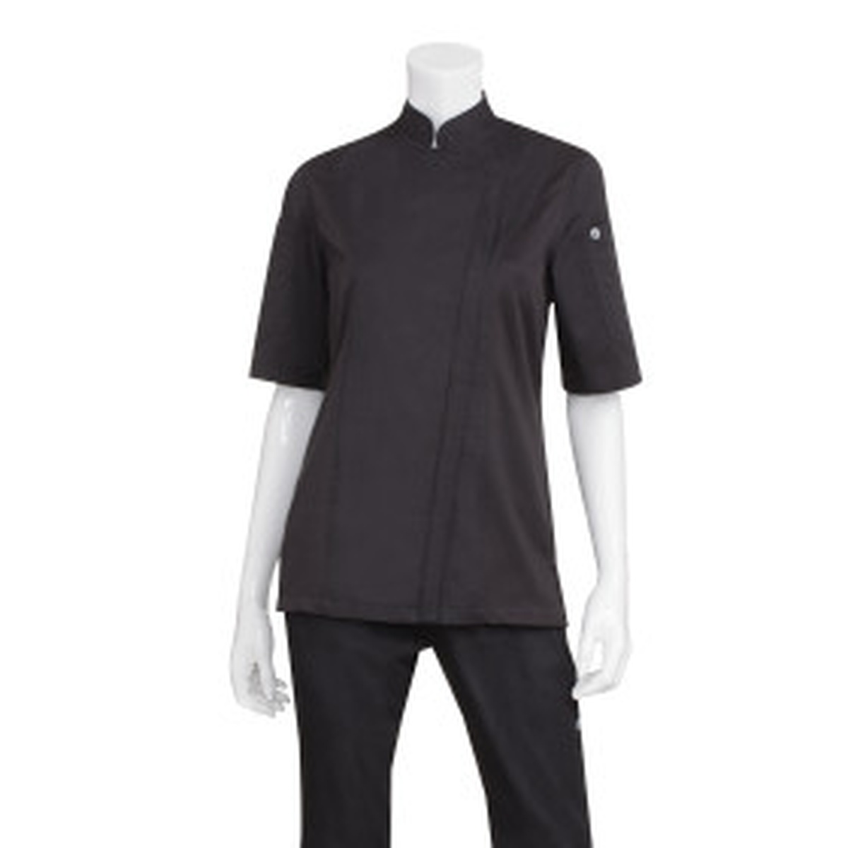 Chef Works Springfield Women's Black Short-Sleeve Chef Coat on mannequin showing front zipper closure and slim fit