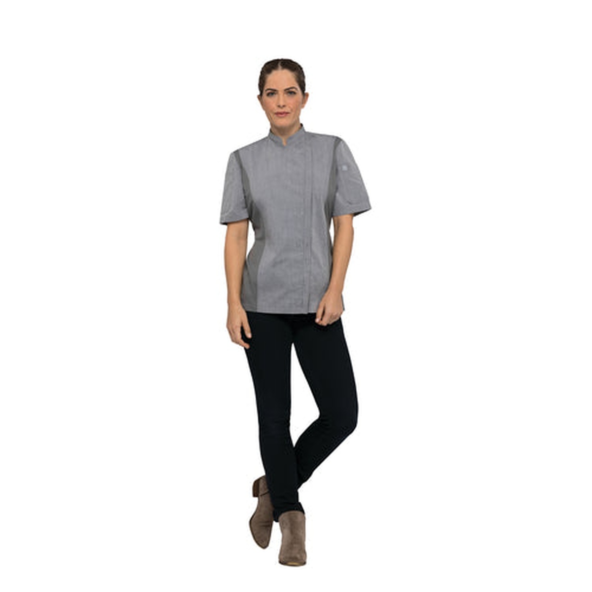 Chef Works Women's Springfield Chef Coat in gray, single-breasted short-sleeve slim-fit style