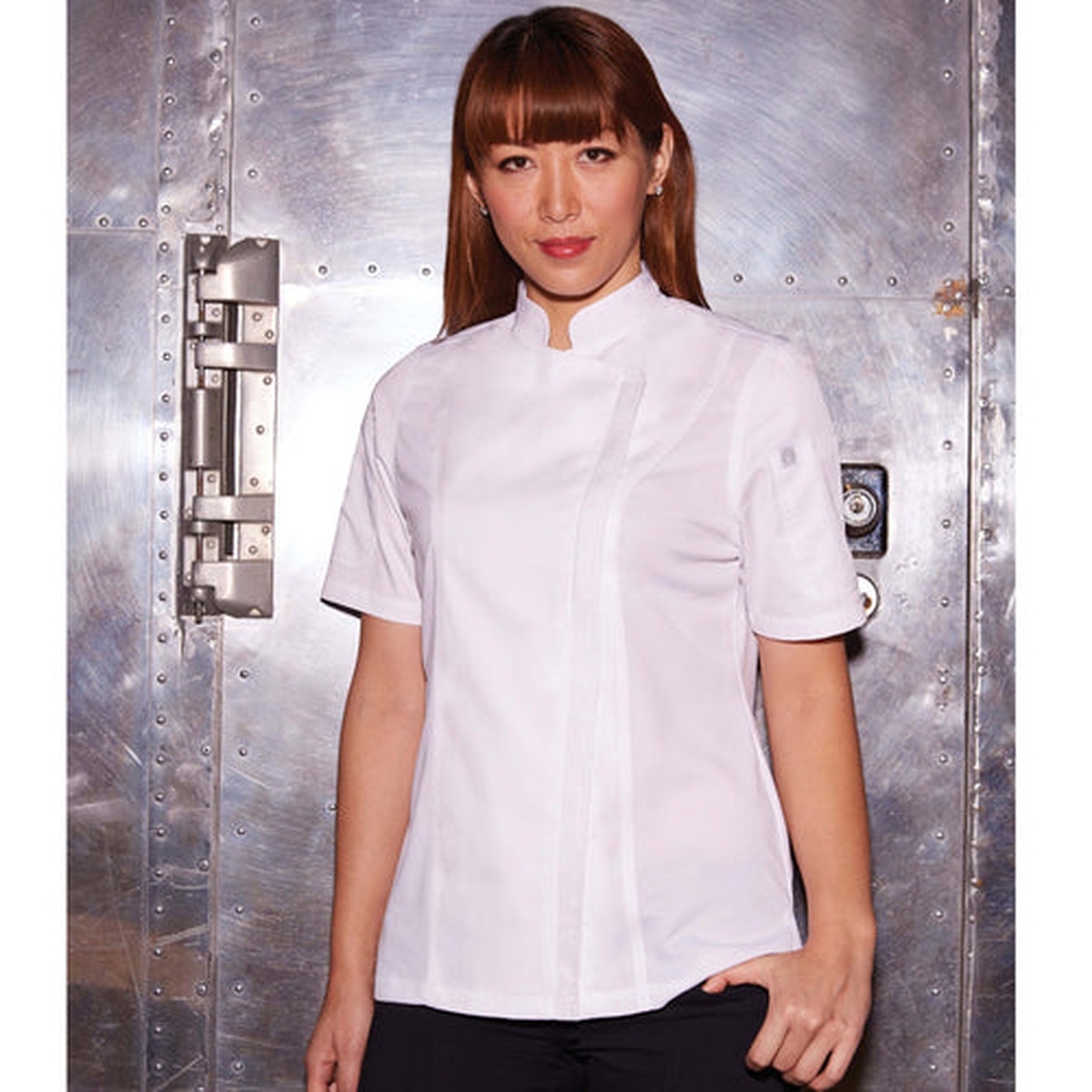 Chef Works women's white single-breasted Springfield chef coat, short sleeve, slim fit