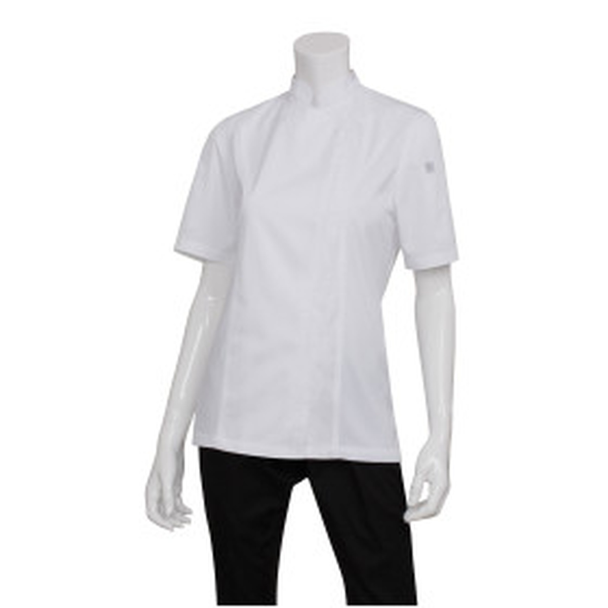 White short-sleeve women's Springfield chef coat with a slim fit design