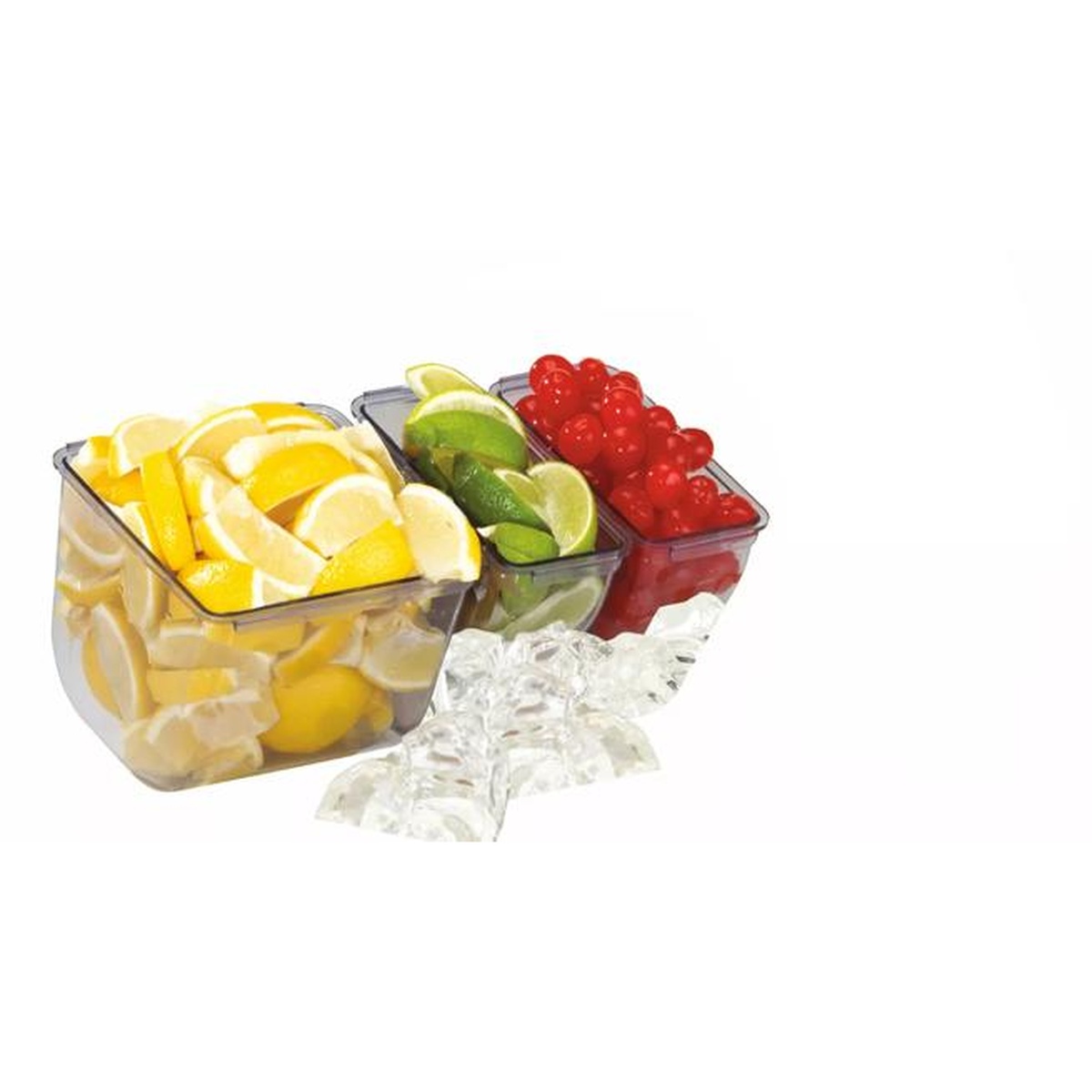 Three San Jamar Dome replacement trays filled with lemon slices, lime wedges, and maraschino cherries alongside ice