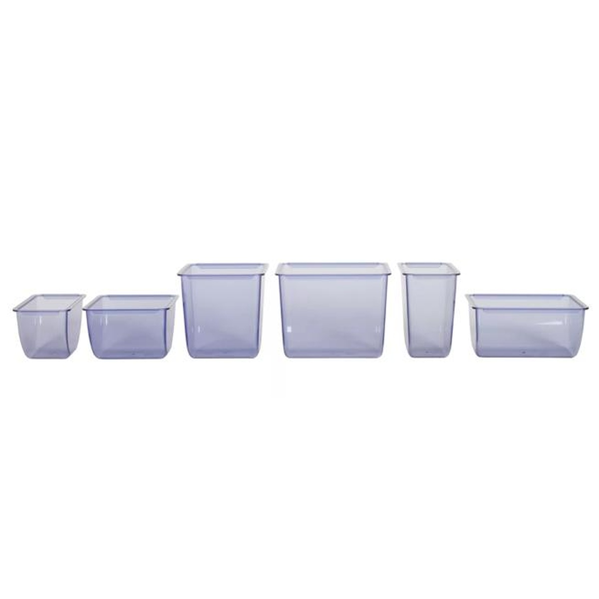 Six San Jamar translucent blue replacement trays in various sizes displayed in a row