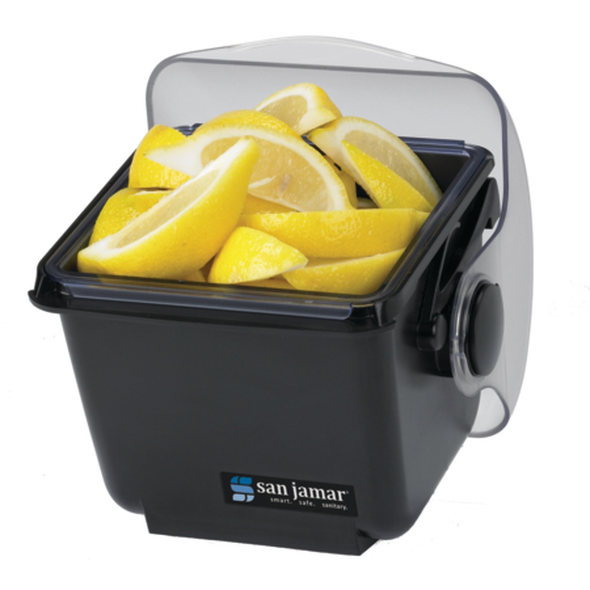 BD2002 Mini Dome condiment caddy with black polycarbonate base and semi-transparent dome lid open, filled with fresh lemon wedges