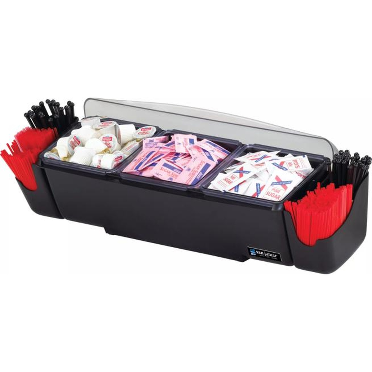 San Jamar The Dome Condiment Center BD4003 in black with semi-transparent dome partially open, three trays filled with sugar packets and condiments