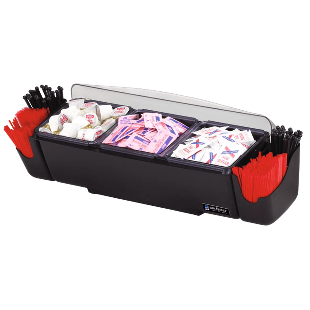 San Jamar BD4003 Dome Condiment Center viewed from left side with dome fully open, displaying three trays and straw holders loaded with condiments and stirrers