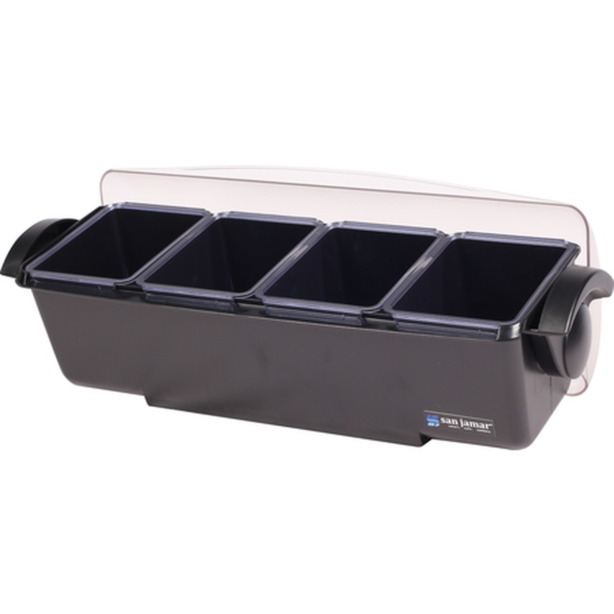 San Jamar BD4004 The Dome Condiment Center with clear dome lid open and four black deep trays