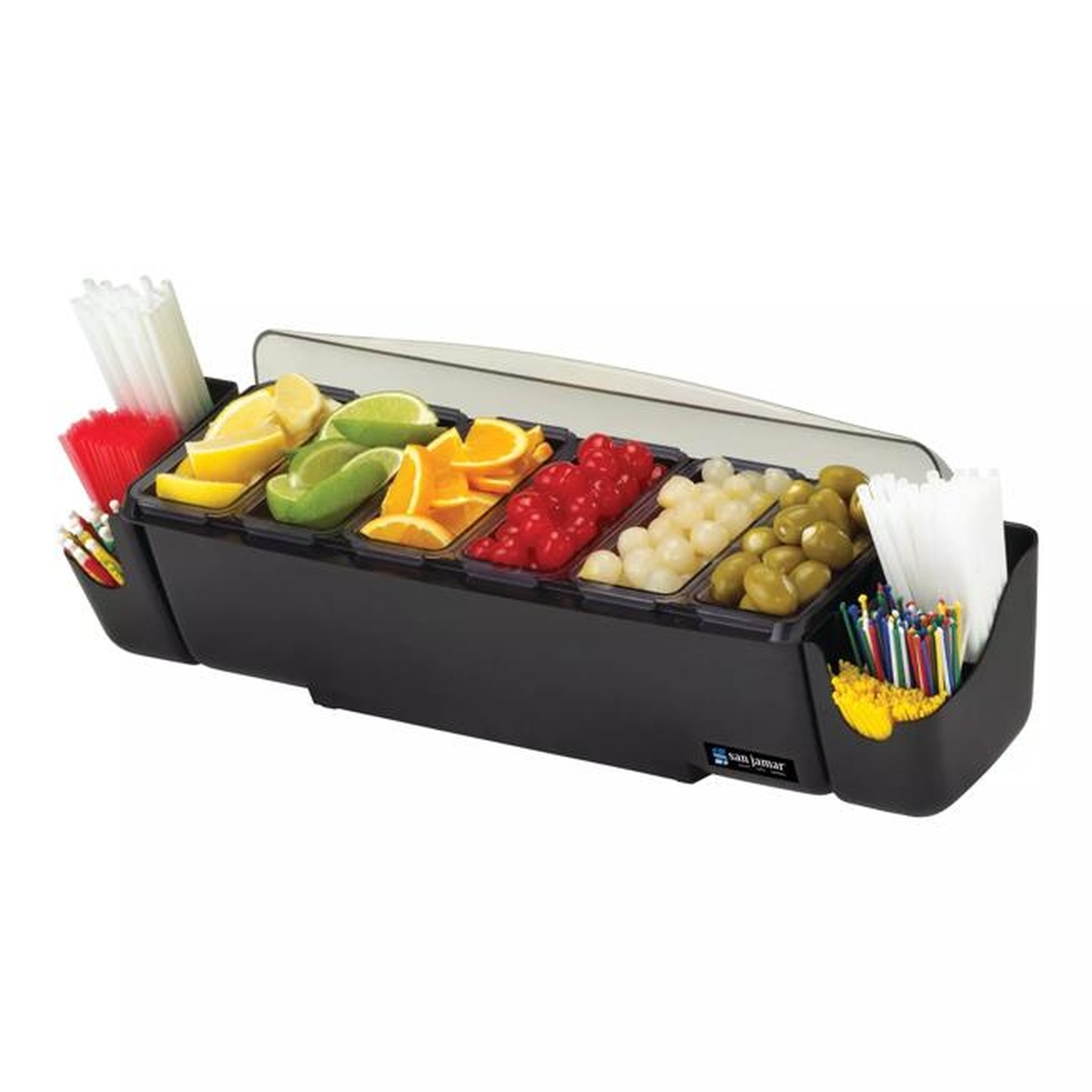 San Jamar Dome Garnish Center loaded with fresh garnishes, straws, and cocktail picks in caddy holders