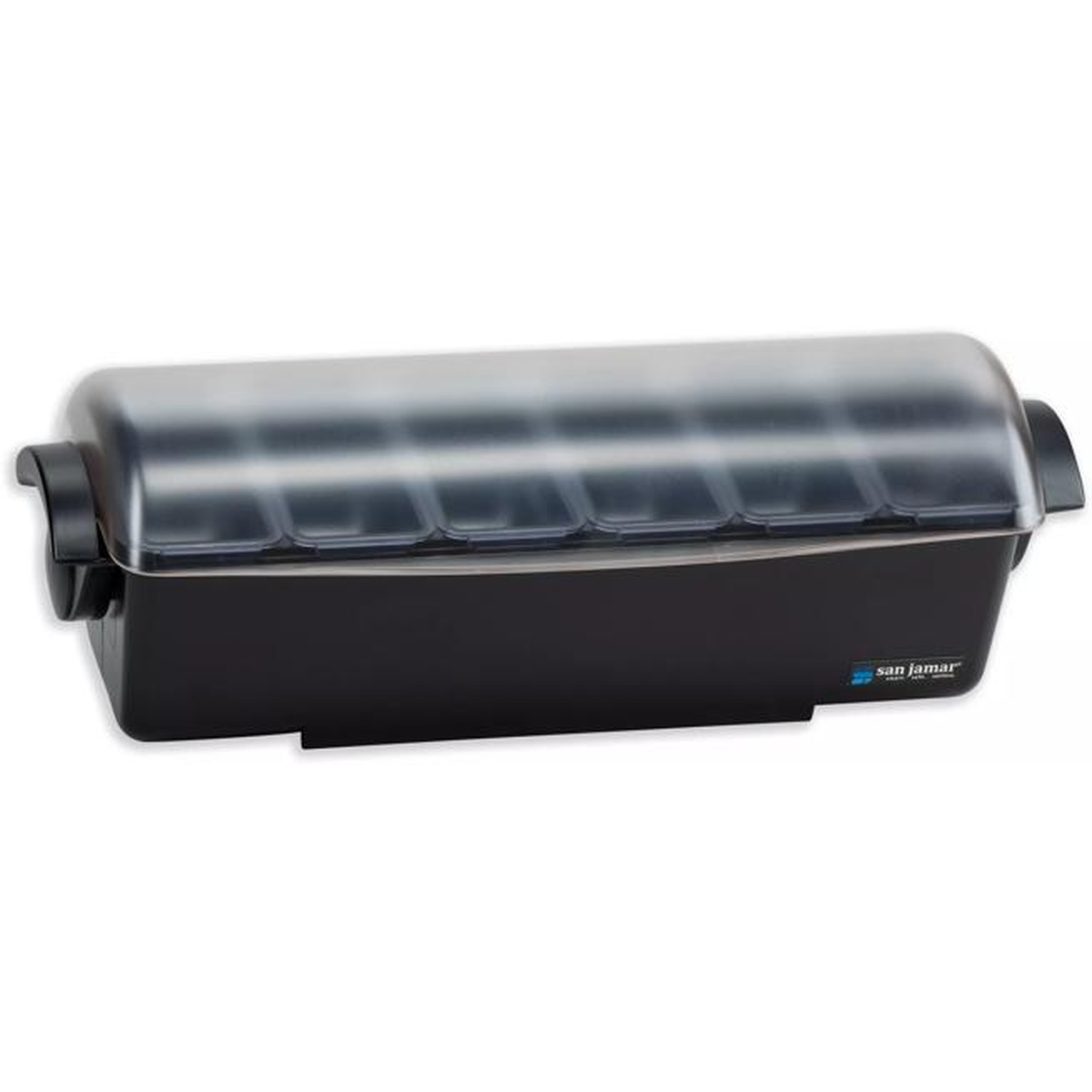 San Jamar Dome Garnish Center in black with patented dome lid closed