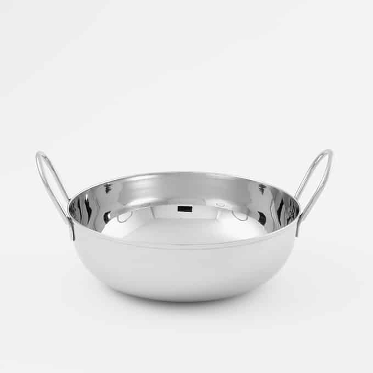 American Metalcraft BD72 40 oz. stainless steel balti dish with mirror finish and dual handles on white background